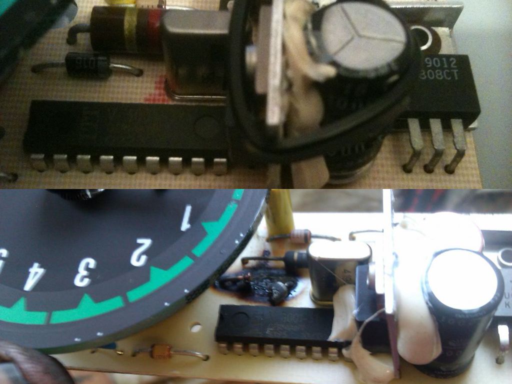 Platine TX-/GS-Tacho mit analogem Drehzahlmesser, oben OK, unten Zenerdiode abgebrannt